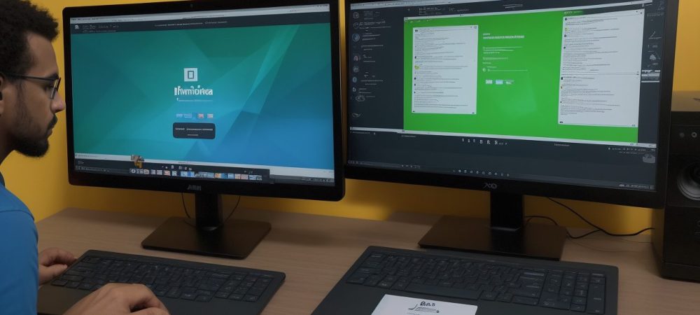 Ilustração de um jornalista trabalhando em um computador, com ícones de redes sociais e gráficos de análise de dados, simbolizando o jornalismo digital e a luta contra as fake news.