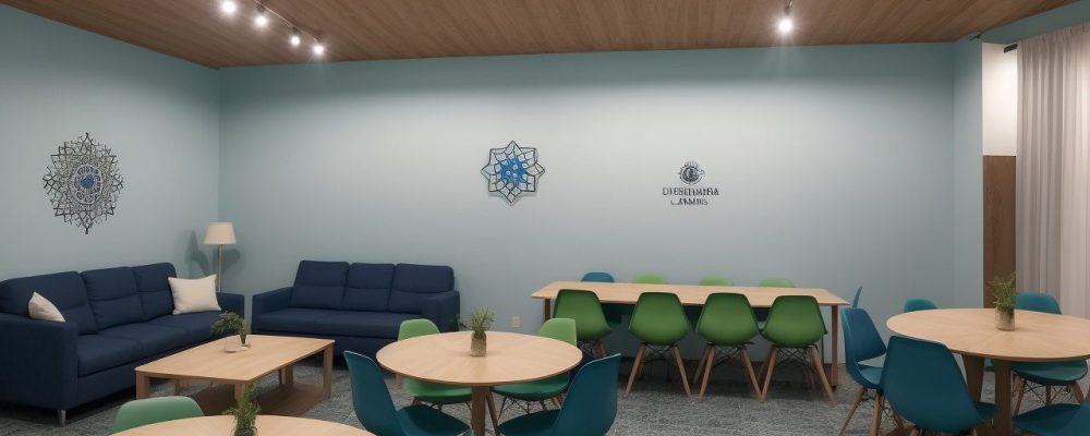 Implementação da LGPD em ambiente de trabalho, com pessoas interagindo e símbolos de proteção de dados