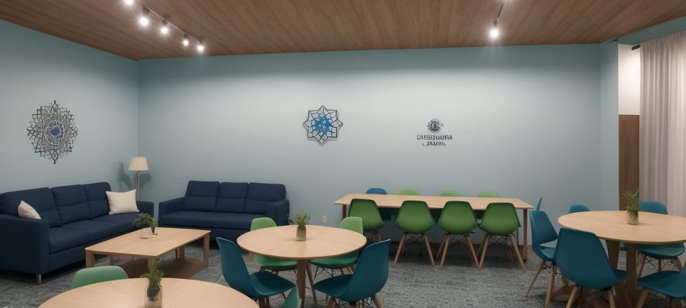 Implementação da LGPD em ambiente de trabalho, com pessoas interagindo e símbolos de proteção de dados