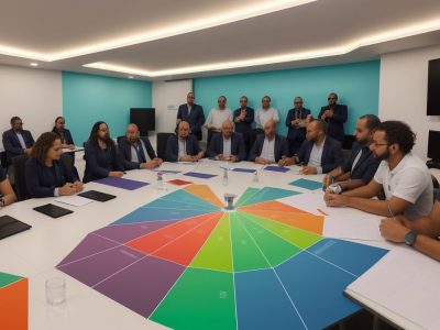 Representação visual de um curso de comunicação sobre LGPD, com pessoas interagindo e aprendendo sobre proteção de dados