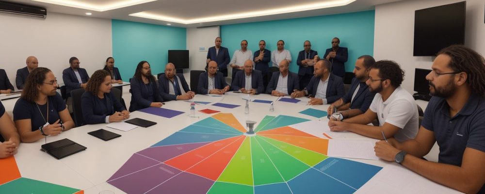 Representação visual de um curso de comunicação sobre LGPD, com pessoas interagindo e aprendendo sobre proteção de dados