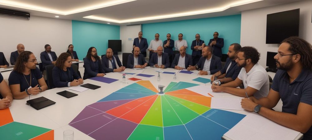 Representação visual de um curso de comunicação sobre LGPD, com pessoas interagindo e aprendendo sobre proteção de dados