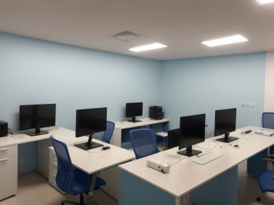 Visão geral de um laboratório de informática moderno com alunos engajados em um curso online, utilizando ferramentas e softwares educacionais.