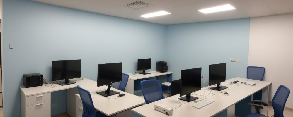 Visão geral de um laboratório de informática moderno com alunos engajados em um curso online, utilizando ferramentas e softwares educacionais.