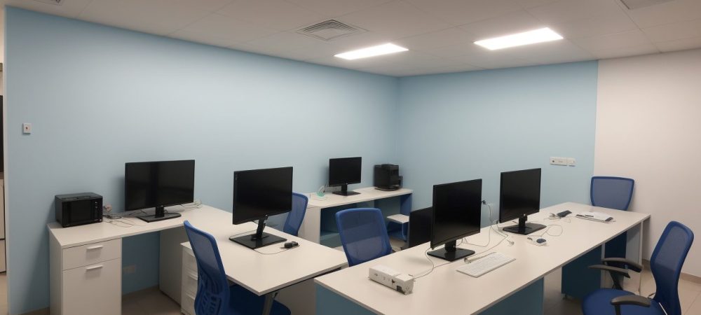Laboratório de Informática: Curso Online e Ferramentas para Educadores Visão geral de um laboratório de informática moderno com alunos engajados em um curso online, utilizando ferramentas e softwares educacionais.