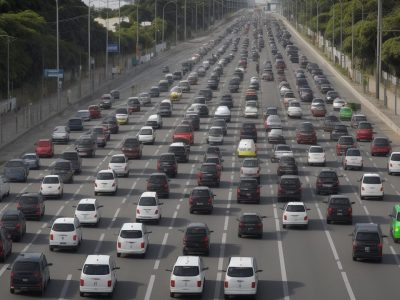 Ilustração de um cruzamento urbano com veículos e pedestres, representando a aplicação da legislação de trânsito e a importância da segurança rodoviária.