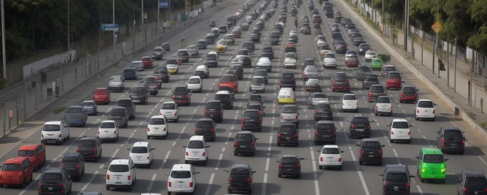 Ilustração de um cruzamento urbano com veículos e pedestres, representando a aplicação da legislação de trânsito e a importância da segurança rodoviária.