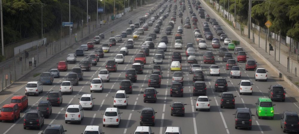 Legislação de Trânsito: Segurança e Conscientização nas Vias Ilustração de um cruzamento urbano com veículos e pedestres, representando a aplicação da legislação de trânsito e a importância da segurança rodoviária.