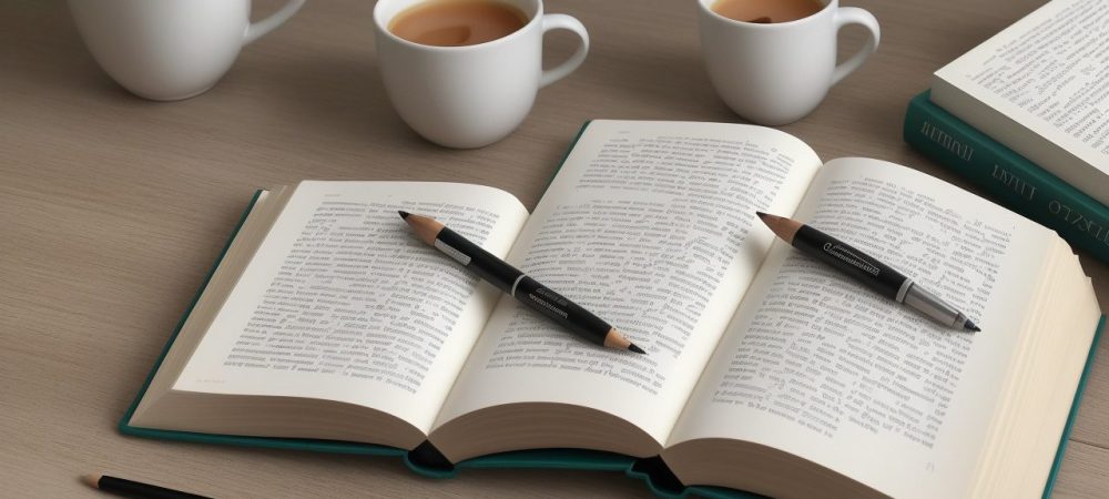 Imagem ilustrando a importância da leitura e escrita para aprimorar a comunicação e o aprendizado, com livros, canetas e um ambiente inspirador.