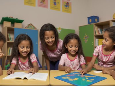 Crianças em sala de aula participando de atividades de letramento na educação infantil, com livros e jogos interativos.