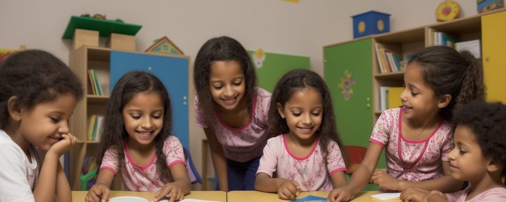 Crianças em sala de aula participando de atividades de letramento na educação infantil, com livros e jogos interativos.