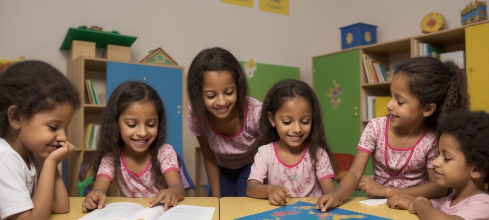 Crianças em sala de aula participando de atividades de letramento na educação infantil, com livros e jogos interativos.