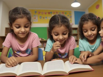 Crianças em sala de aula com livros e materiais de leitura, explorando o letramento na educação infantil