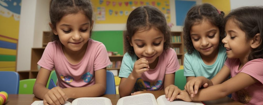 Crianças em sala de aula com livros e materiais de leitura, explorando o letramento na educação infantil