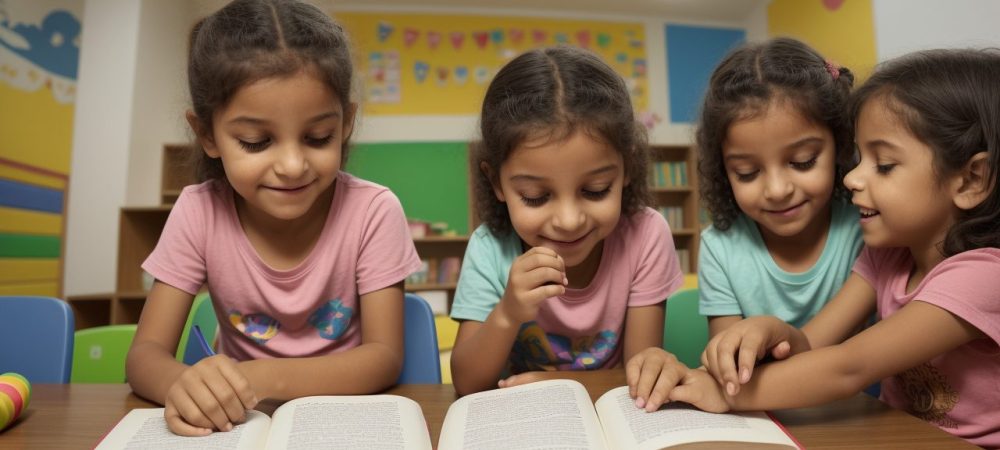 Crianças em sala de aula com livros e materiais de leitura, explorando o letramento na educação infantil