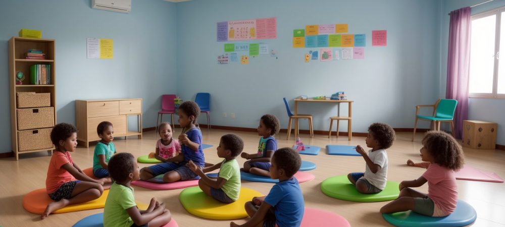 Crianças em sala de aula aprendendo sobre letramento na educação infantil com auxílio de um curso online