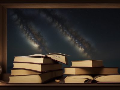 Imagem que representa a língua portuguesa e literatura brasileira, com livros abertos e elementos visuais de aprendizado e interpretação de textos.