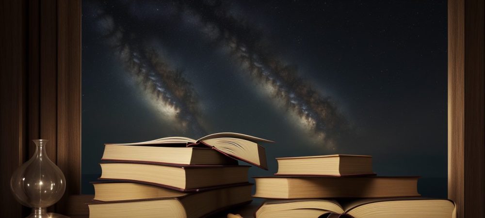 Imagem que representa a língua portuguesa e literatura brasileira, com livros abertos e elementos visuais de aprendizado e interpretação de textos.