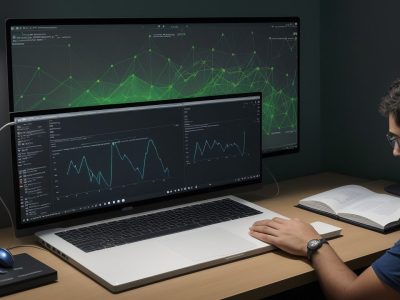 Representação visual da linguagem R sendo usada para análise de dados em um ambiente de trabalho moderno, com gráficos e códigos
