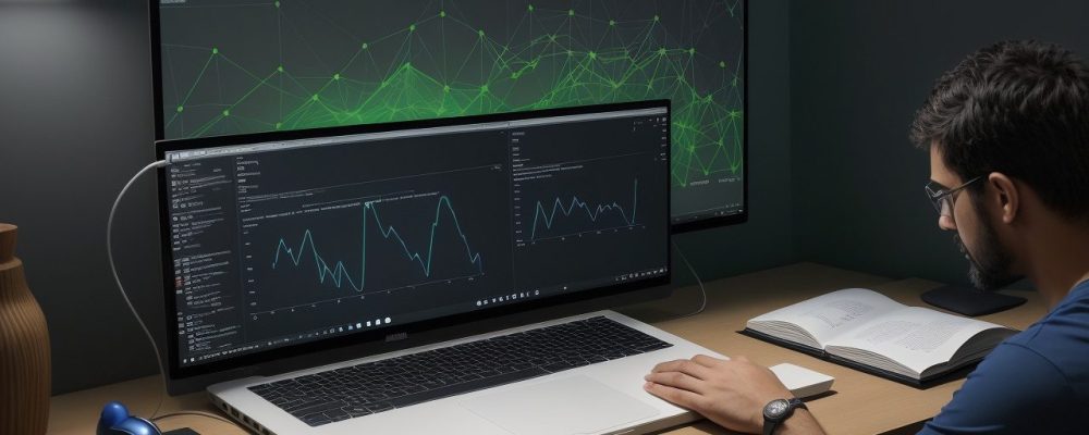 Representação visual da linguagem R sendo usada para análise de dados em um ambiente de trabalho moderno, com gráficos e códigos