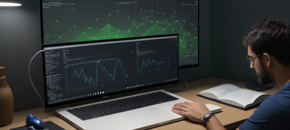 Representação visual da linguagem R sendo usada para análise de dados em um ambiente de trabalho moderno, com gráficos e códigos
