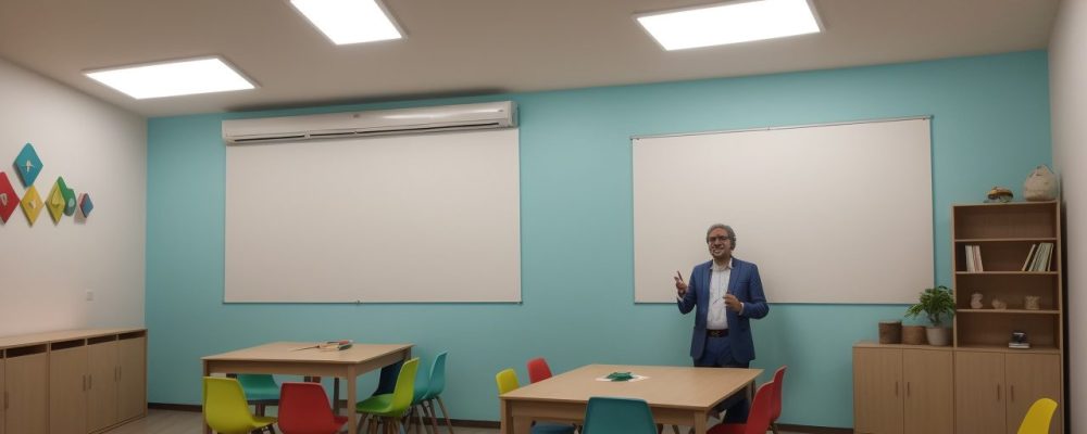 Professor aplicando a linguística aplicada em sala de aula, com alunos engajados e materiais didáticos inovadores.