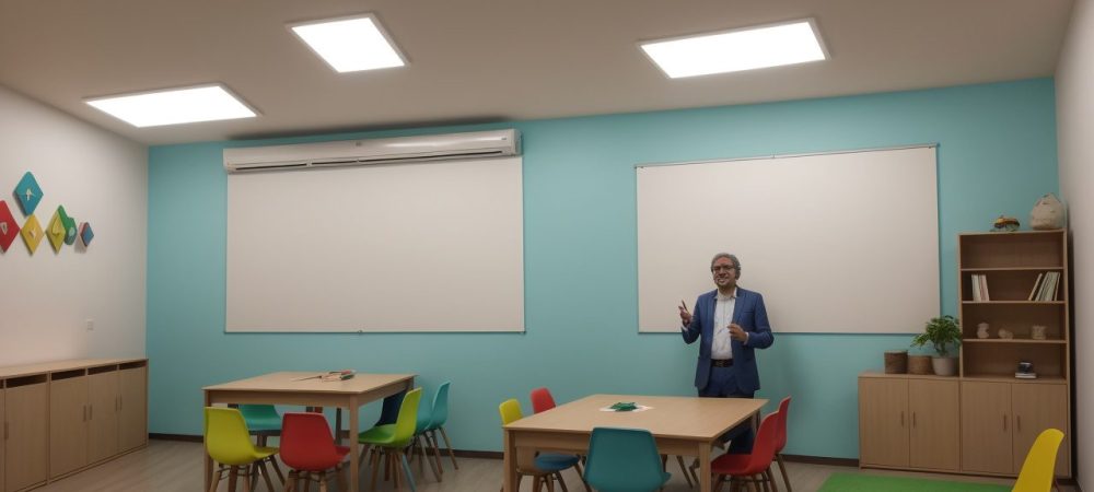 Professor aplicando a linguística aplicada em sala de aula, com alunos engajados e materiais didáticos inovadores.