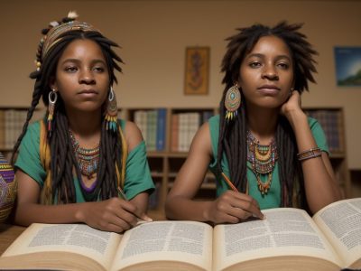 Ilustração vibrante de livros abertos, representando literatura africana e indígena, com elementos culturais e pessoas interagindo, simbolizando a celebração da diversidade.