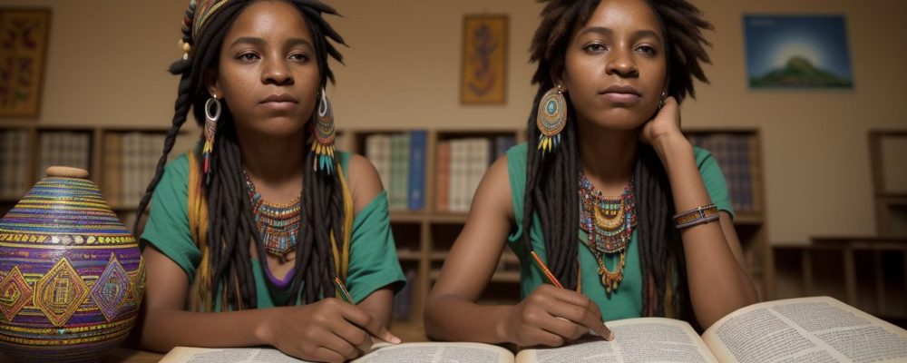 Ilustração vibrante de livros abertos, representando literatura africana e indígena, com elementos culturais e pessoas interagindo, simbolizando a celebração da diversidade.