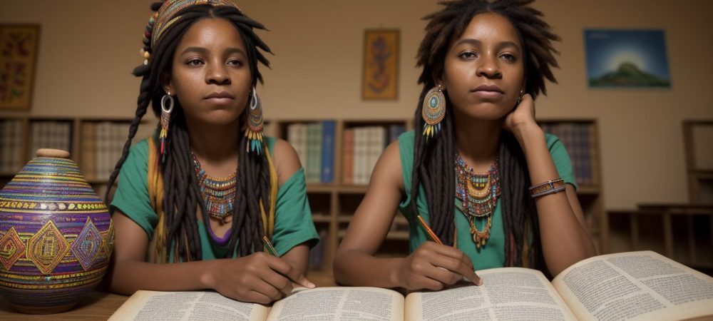 Ilustração vibrante de livros abertos, representando literatura africana e indígena, com elementos culturais e pessoas interagindo, simbolizando a celebração da diversidade.