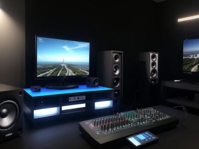 Imagem de um estúdio de gravação com equipamentos de locução e sonoplastia, representando a transformação de conteúdo audiovisual com técnicas de áudio.