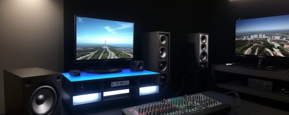 Imagem de um estúdio de gravação com equipamentos de locução e sonoplastia, representando a transformação de conteúdo audiovisual com técnicas de áudio.