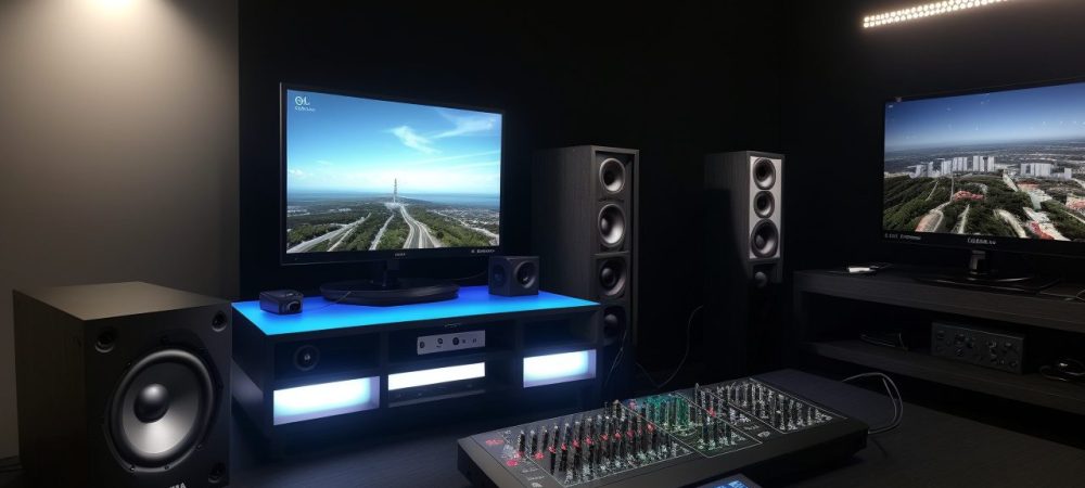 Imagem de um estúdio de gravação com equipamentos de locução e sonoplastia, representando a transformação de conteúdo audiovisual com técnicas de áudio.