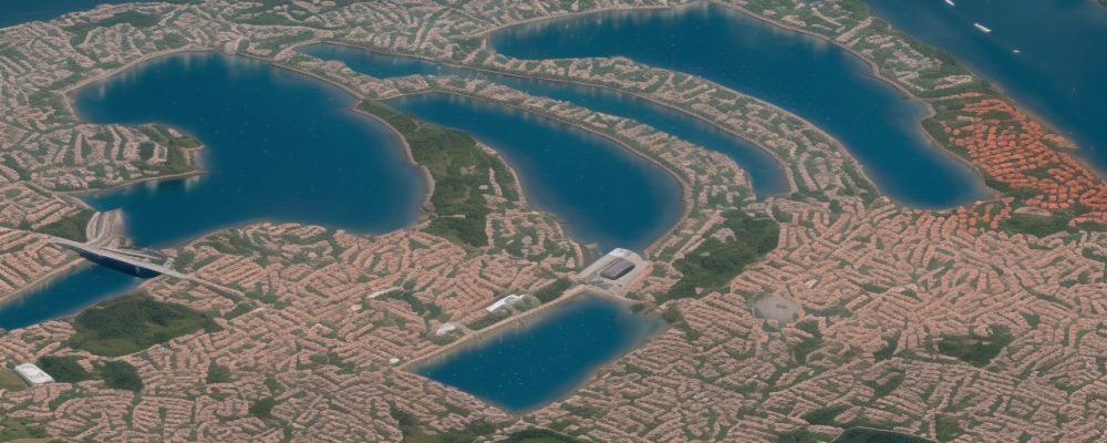 Imagem de um mapa logístico detalhado com rotas e símbolos representando a logística de distribuição e planejamento estratégico