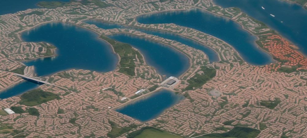 Imagem de um mapa logístico detalhado com rotas e símbolos representando a logística de distribuição e planejamento estratégico