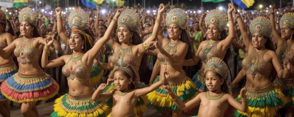 Cena vibrante de manifestações culturais brasileiras, representando a identidade e um curso de cultura brasileira.