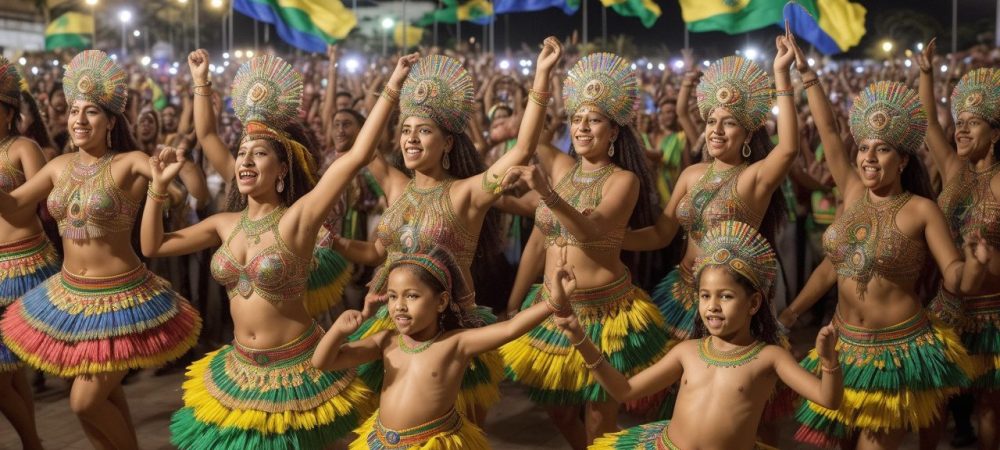 Cena vibrante de manifestações culturais brasileiras, representando a identidade e um curso de cultura brasileira.