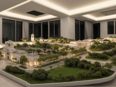 Representação de maquete digital sendo utilizada por servidores públicos para planejamento e apresentação de projetos, facilitando a comunicação visual e a tomada de decisões