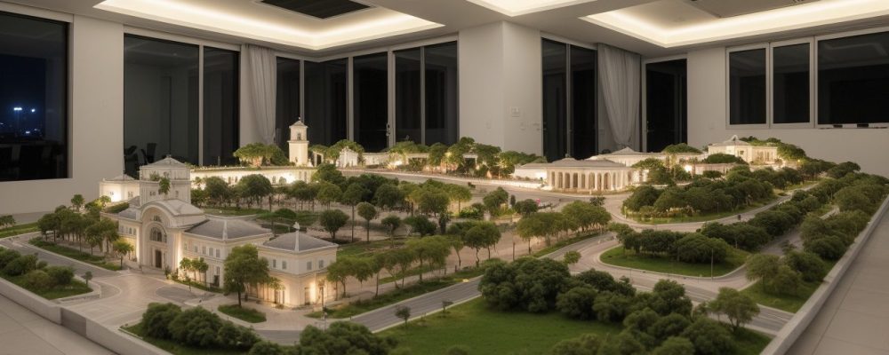 Representação de maquete digital sendo utilizada por servidores públicos para planejamento e apresentação de projetos, facilitando a comunicação visual e a tomada de decisões