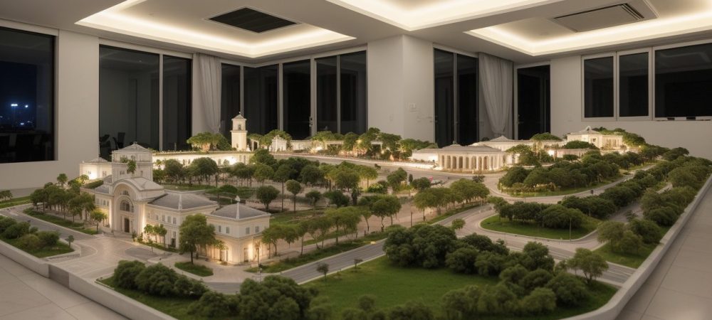 Representação de maquete digital sendo utilizada por servidores públicos para planejamento e apresentação de projetos, facilitando a comunicação visual e a tomada de decisões