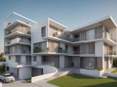 Maquete 3D de projeto arquitetônico, demonstrando detalhes e design em ambiente urbano.