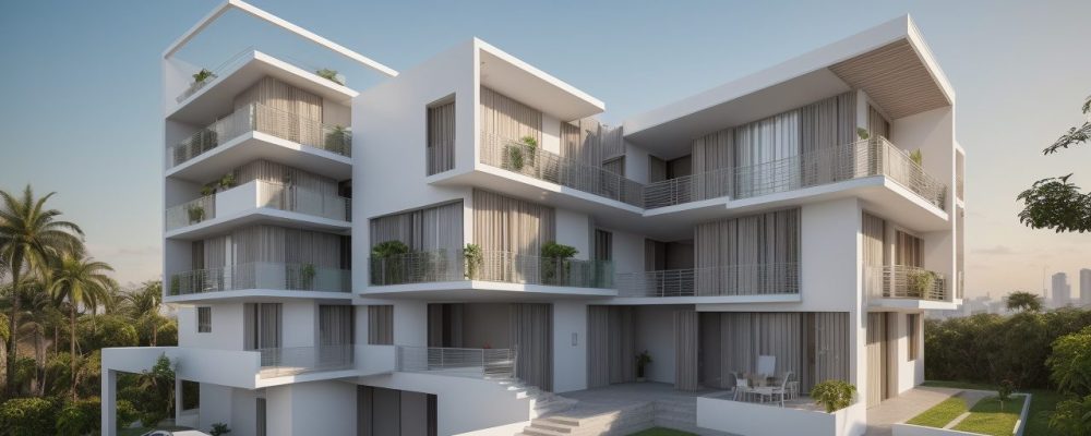 Maquete 3D de projeto arquitetônico, demonstrando detalhes e design em ambiente urbano.