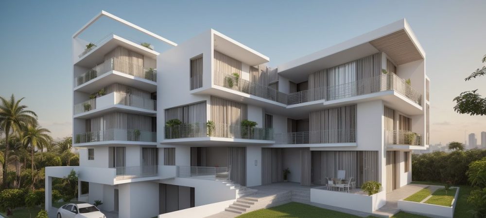 Maquete 3D de projeto arquitetônico, demonstrando detalhes e design em ambiente urbano.