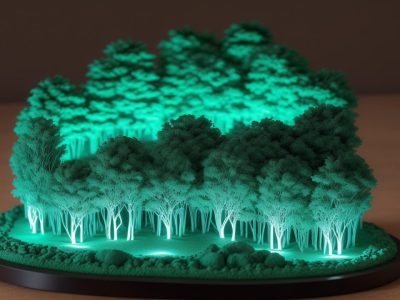 Maquete digital de um projeto arquitetônico sendo visualizada em um ambiente de trabalho, com foco em materiais e processos.