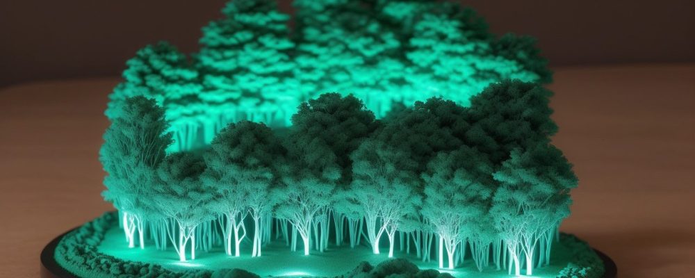 Maquete digital de um projeto arquitetônico sendo visualizada em um ambiente de trabalho, com foco em materiais e processos.