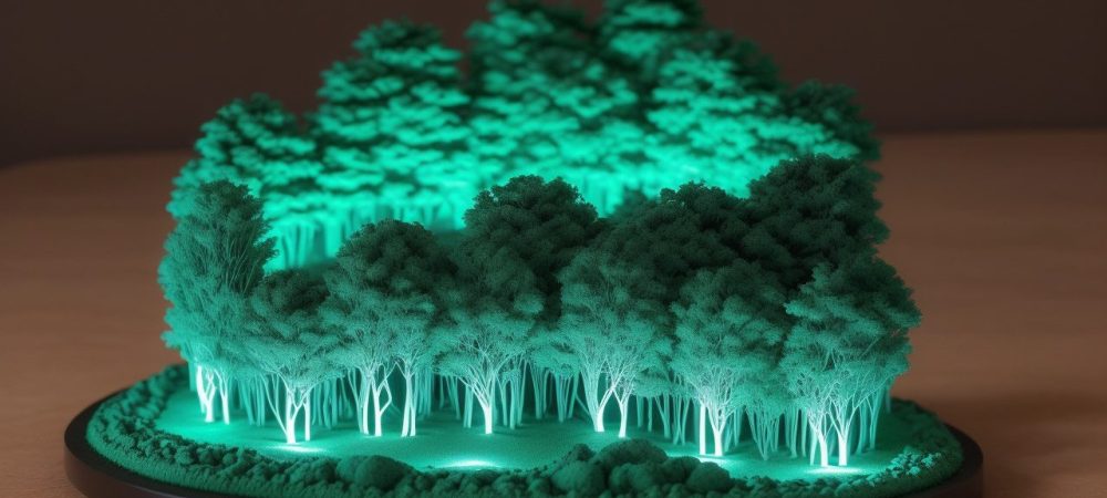 Maquetes: Transformando Ideias em Realidade – Guia Completo Maquete digital de um projeto arquitetônico sendo visualizada em um ambiente de trabalho, com foco em materiais e processos.