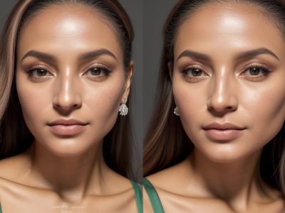 Imagem de close-up de uma mulher aplicando maquiagem profissional, com foco em técnicas de contorno e iluminação.