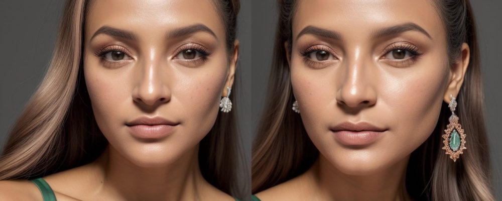 Imagem de close-up de uma mulher aplicando maquiagem profissional, com foco em técnicas de contorno e iluminação.