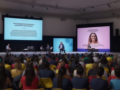 Ilustração de pessoas interagindo em um evento cultural, com elementos visuais representando marketing cultural e engajamento.