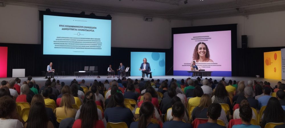 Marketing Cultural: Conectando Cultura e Pessoas Ilustração de pessoas interagindo em um evento cultural, com elementos visuais representando marketing cultural e engajamento.